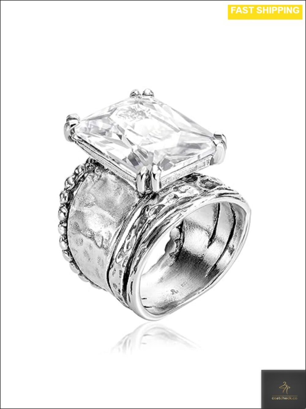 925 Sterling Silver Statement Ring Hammered Vintage Octagon CZ Ring